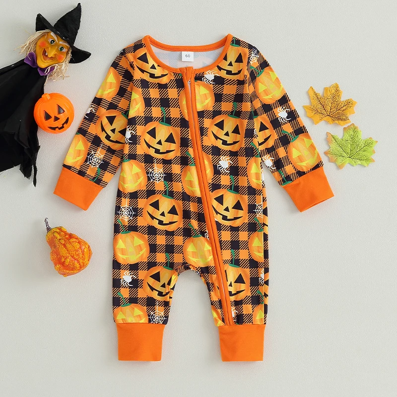 

Toddler Girl Pumpkin Halloween Costume Long Sleeve Round Neck Cartoon Print Bodysuit Fall Outfit for Baby Girl