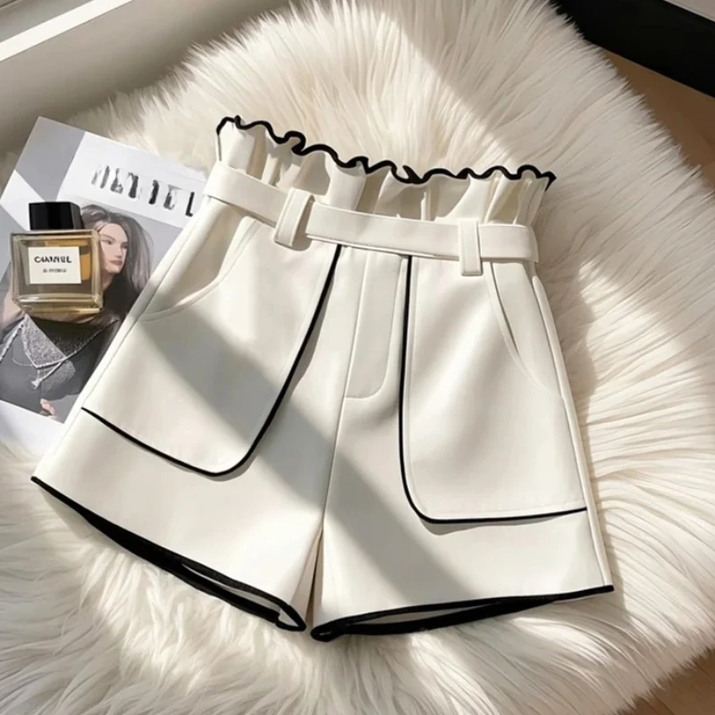 Vintage Summer Slim Ruffle Edge White A-Line Suit Womens Shorts High Waist Double Pockets Korean Office Lady Short Trousers