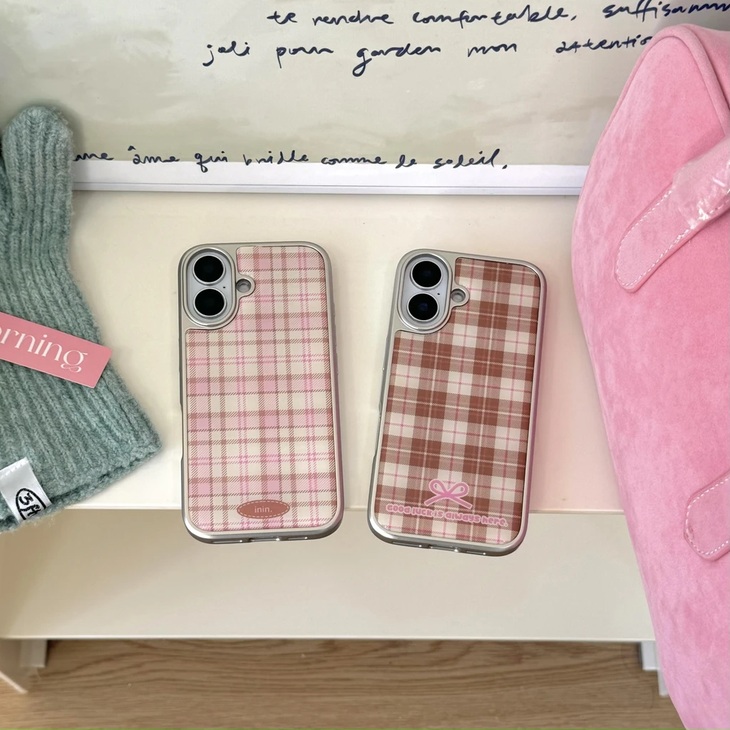 Grid Pattern Pink Bowknot Pattern Drop Glue Cover Case for iPhone 16 15 14 13 Pro Max Shockproof Protective Phone Case