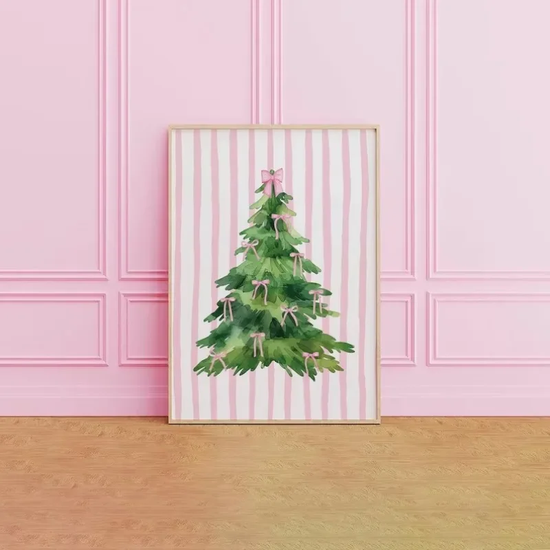Multiple sizes 1pc frameless Canvas Painting Coquette Christmas Tree Wall Art, Trendy Pink Christmas Prints, Girly Holiday Wall