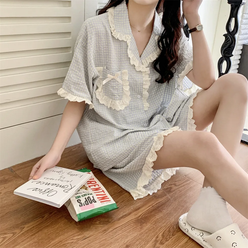 Summer Casual Plaid Pajamas Women Sweet Lace Short Sleeve Shorts Loungewear Women 2024 New ins Korean Style