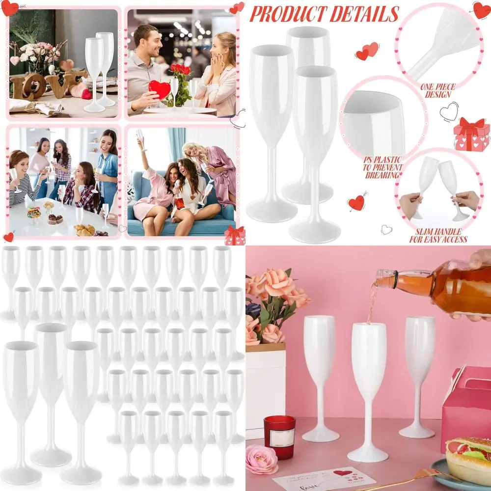 

6 oz Unbreakable Acrylic Champagne Glasses, High Stem Plastic Toasting Cups for Weddings and Birthday Parties (White)