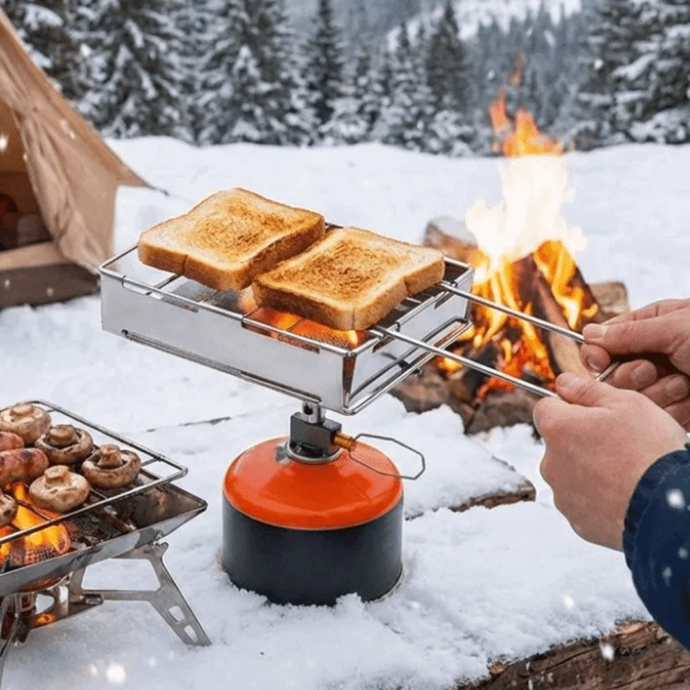 Versatile Stainless Steel Bread Toaster Bread Tray Folding Mesh Net Grill Long Handle Portable Barbecue Grill Backpacking Hiking