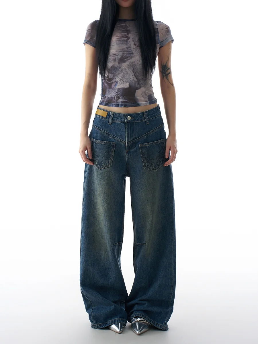 

Джинсовые джинсы в стиле ретро в американском стиле, женские свободные широкие брюки, повседневные осенне-зимние новые дизайнерские сенсации