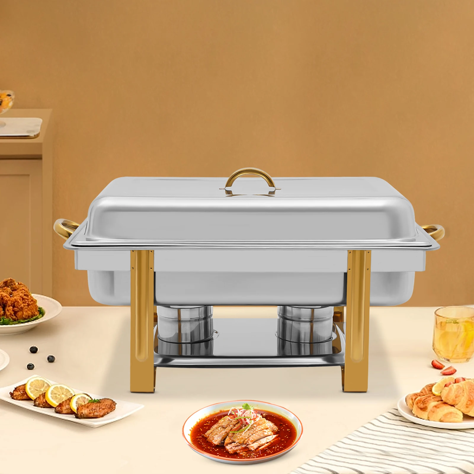

Food Pan, 9L Stainless Steel Chafing Dish Buffet Warmer, Rectangular Chafer with Gold Trim for Catering Wedding, Rectangular