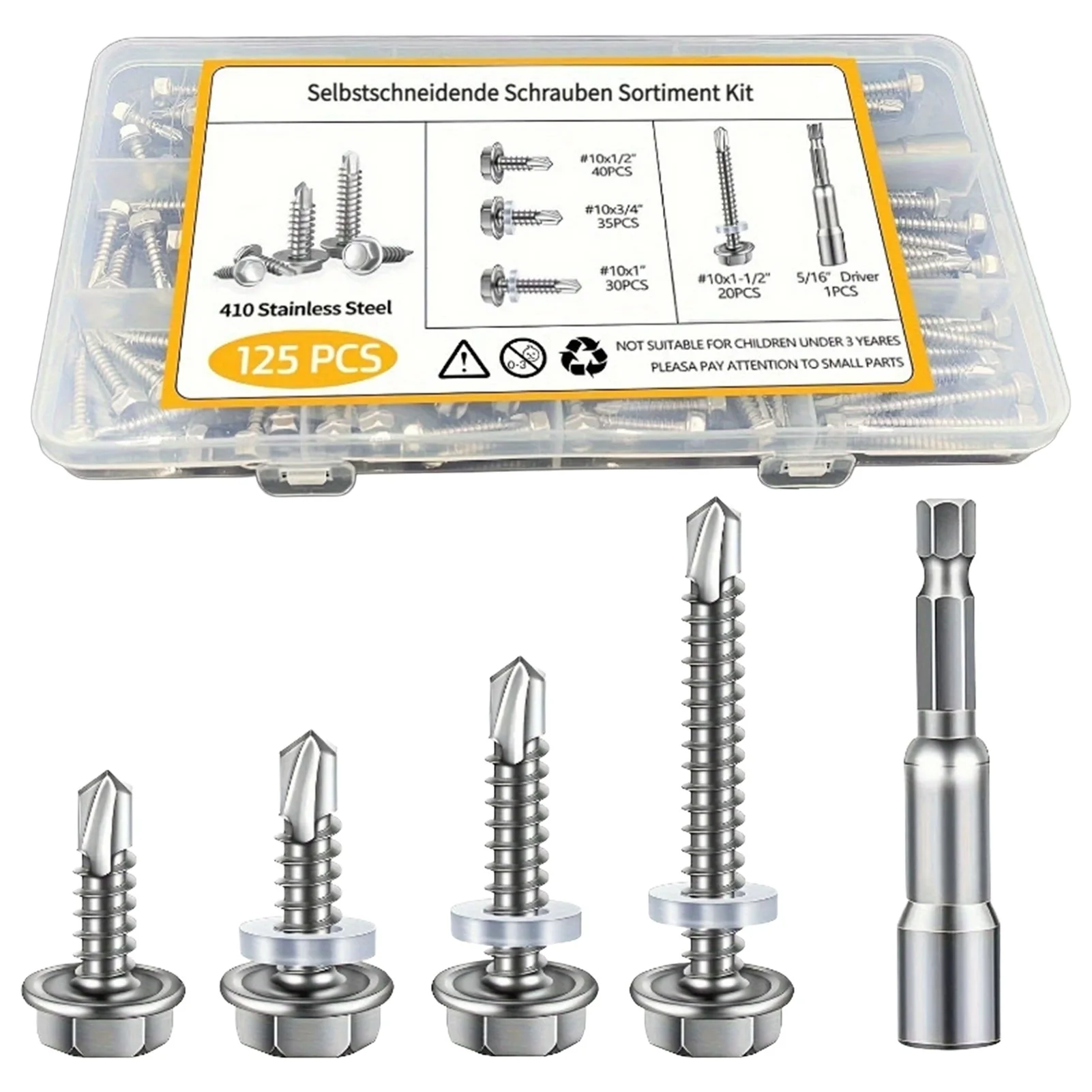125Pcs Hex Self Drilling Screws Kit in 4 Sizes #10x1/2-1-1/2 Inch Alloy Steel for Metal and Woods Applications Screws