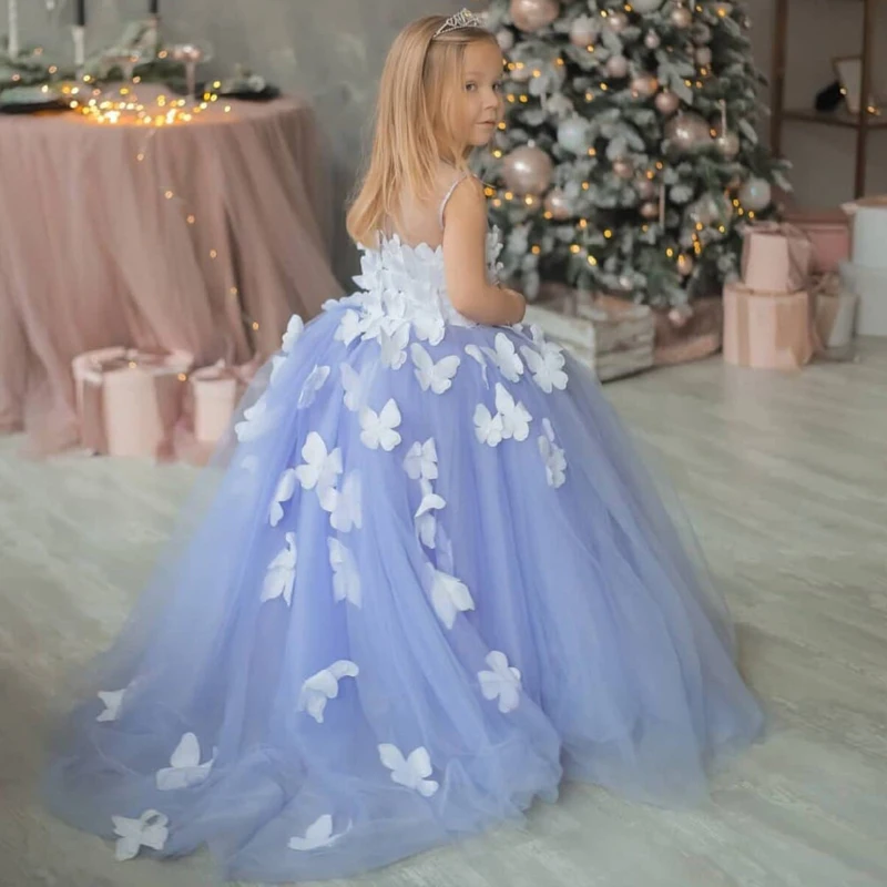 3d Butterfly Flower Girl Dress For Wedding Floor Length Tulle Sleeveless Puffy Applique Kids Birthday Party Princess Ball Gowns