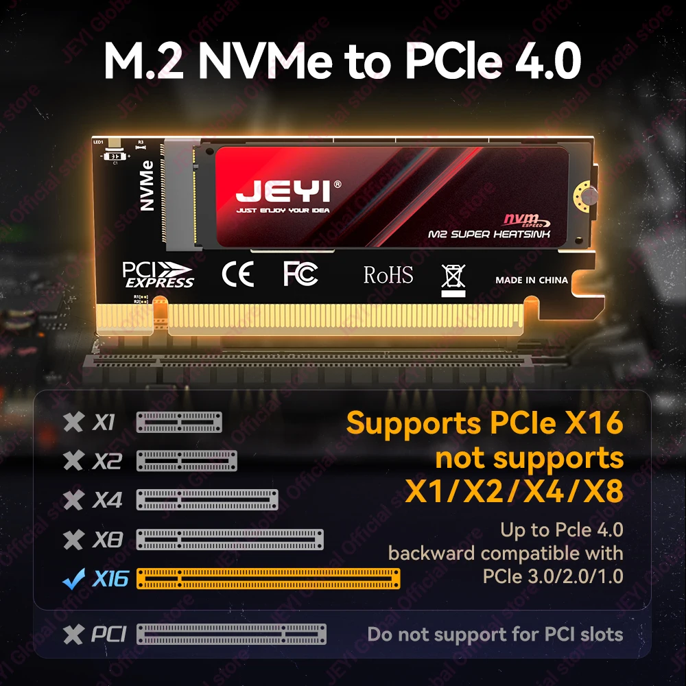 JEYI M.2 NVME to PCIE X16 Adapter, 2280/60/42/30 NVMe SSD to PCIe 4.0 3.0 GEN4 64Gbps Expansion Card for Desktop Motherboard PC