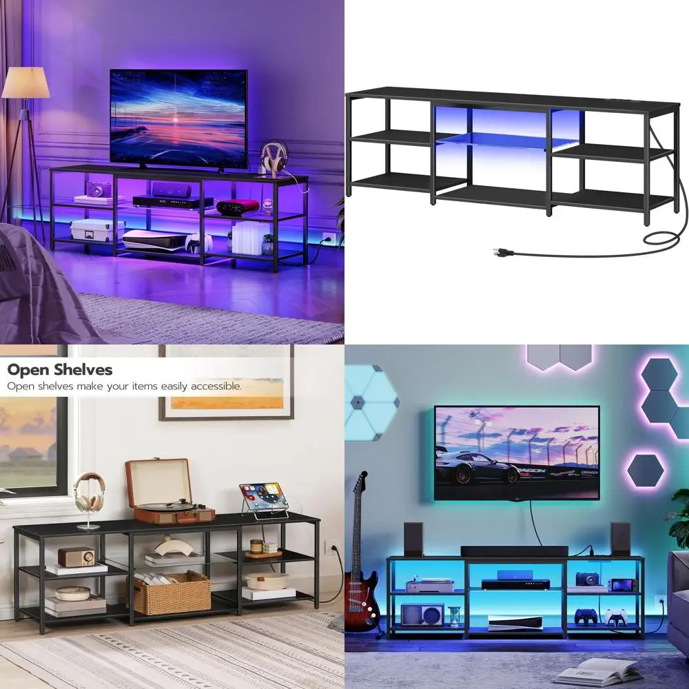 

63 75 Inch TV Stand with Charging Station, Gaming Entertainment Center, 3-Tier Storage for Living Room or Bedroom