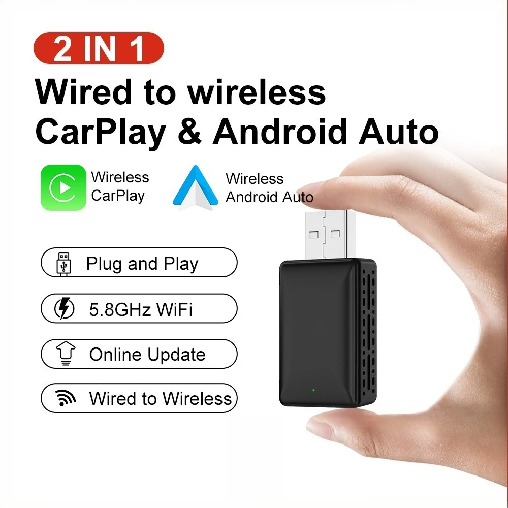 

Беспроводной адаптер Carplay Android Auto 2в1 Беспроводной адаптер Carplay для OEM автомобиля с USB Plug and Play Проводной к беспроводному устройству