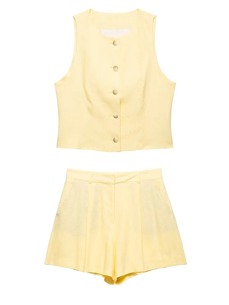 

KUCLUT Women Fashion 2 Piece Set Yellow Single Breasted O-Neck Vest & Vintage High Waist Shorts Female Chic Lady Shorts Set