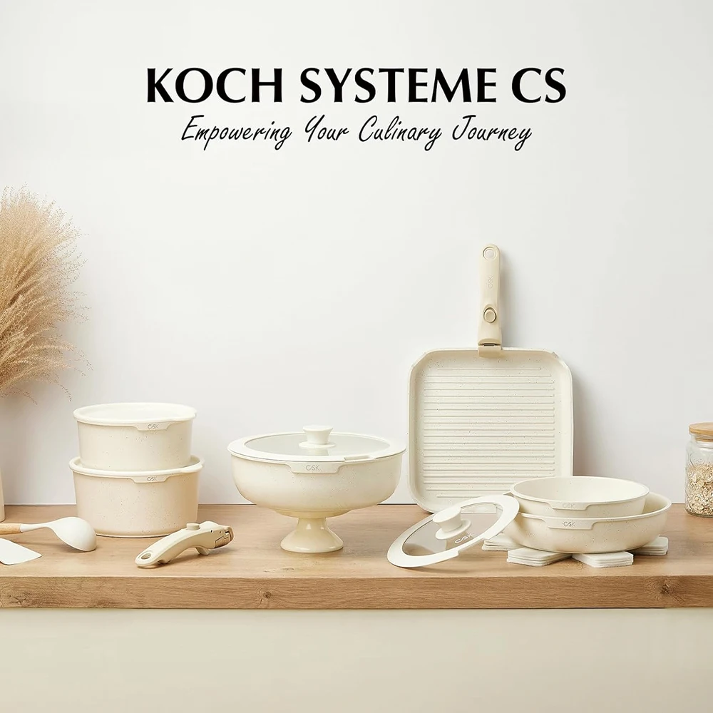 

Набор из 18 предметов: кастрюли и сковородки, антипригарное покрытие, съемная ручка, подходит для индукционных плит, белый цвет