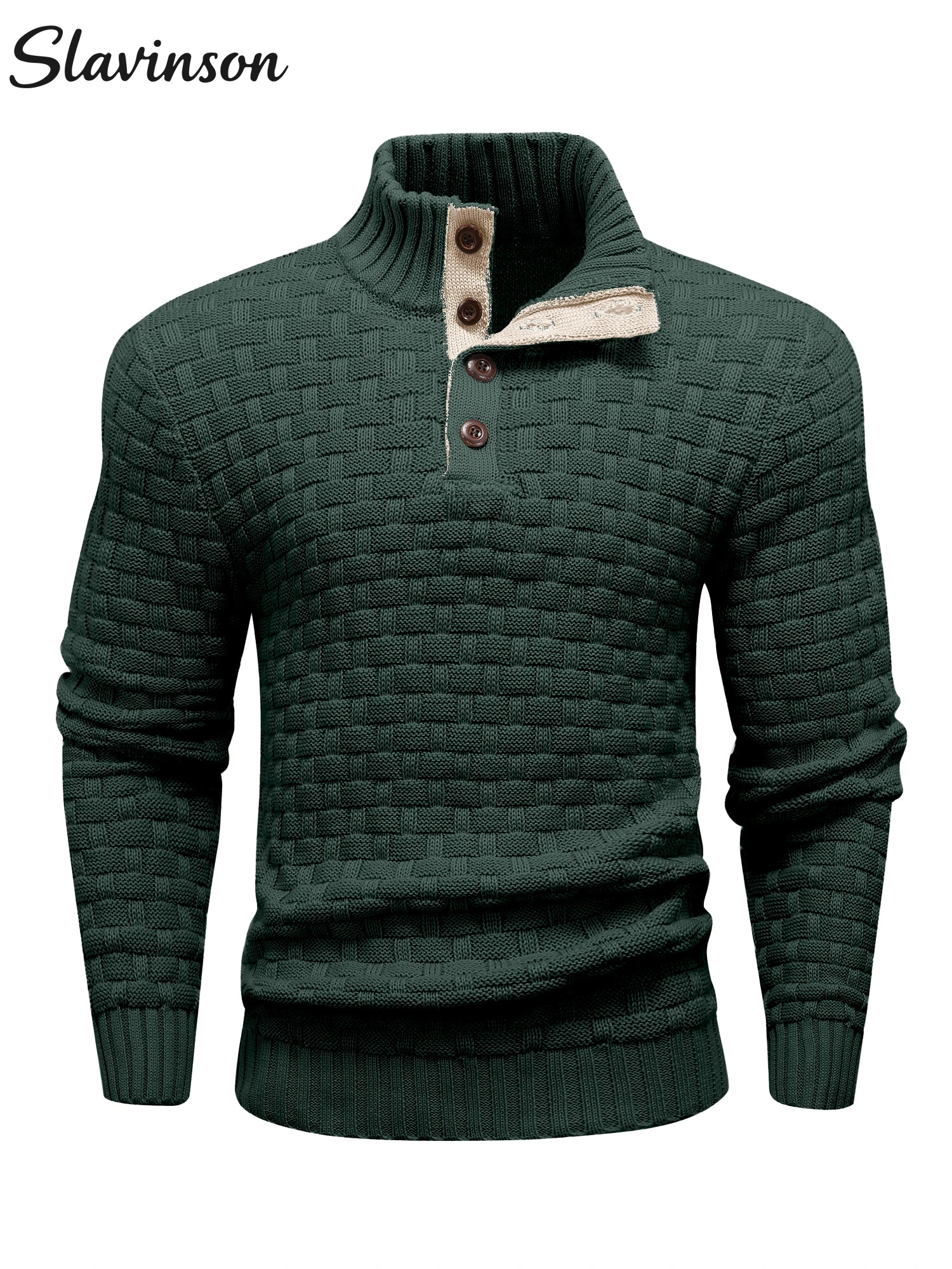 

Men's Fall Outfit Sweater with Three-Dimensional Knitted Patterns, Multi-Button Placket Stand-Up Collar, Versatile for Commuting