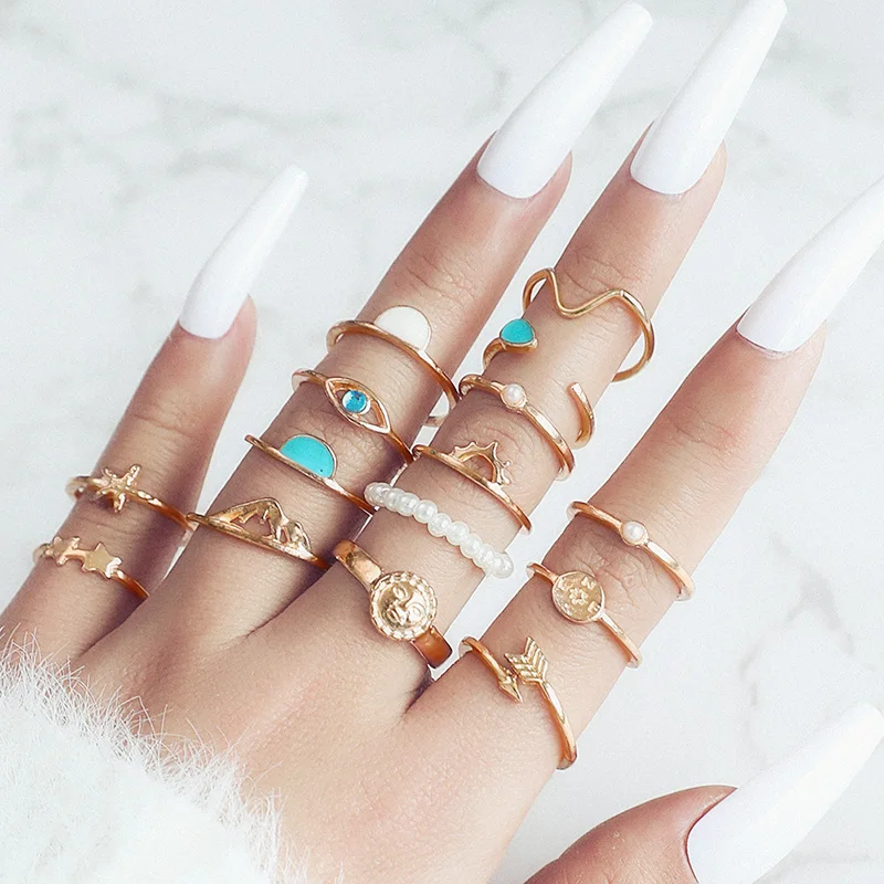 طقم خاتم مفتوح للنساء ، مجوهرات بسيطة ، نجمة ، قمر ، فراشة ، ثعبان ، فيروز ، خمر ، كريستال مجوف ، زركون ، لؤلؤ ، حفلة