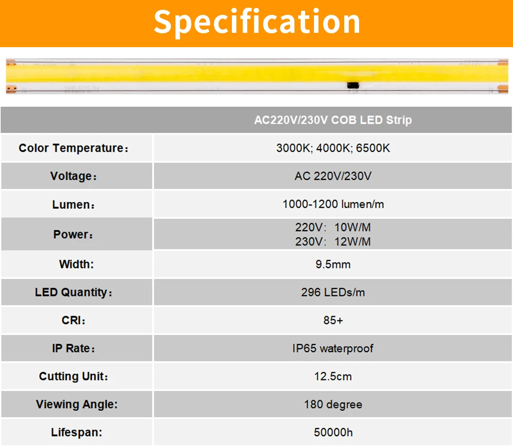 AC 220 V IP65 wasserdichte COB-LED-Streifenlichter, superhell, 296 LEDs/m, flexibles LED-Band mit EU-Stecker, 230 V, lineare Außenbeleuchtung – Detail 7