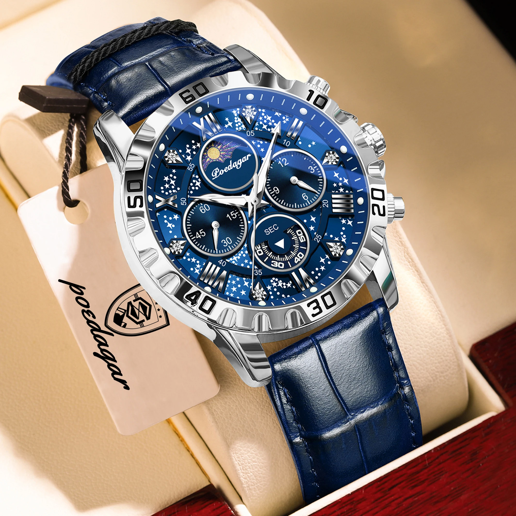 POEDAGAR Top Functional Luxury Man Wristwatch Waterproof Luminous Chronograph Leather Sports Watches For Men Quartz Men's Watch