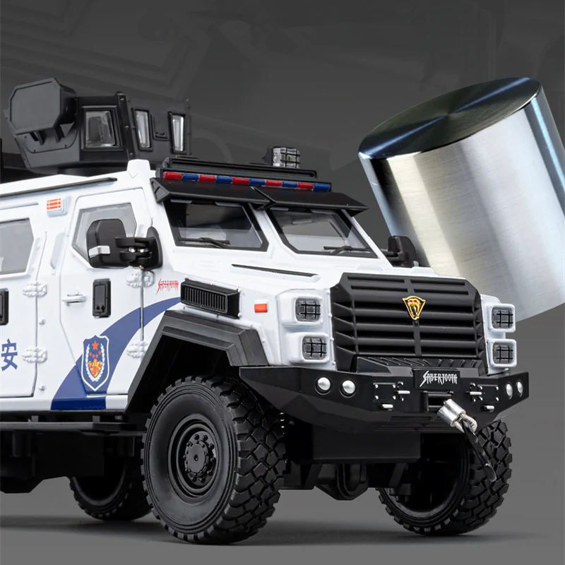 1:24 Alloy Police Explosion Proof Car Model Diecasts Metal Sword Toothed Tiger Armored Vehicles Model Sound Light Kids Toys Gift