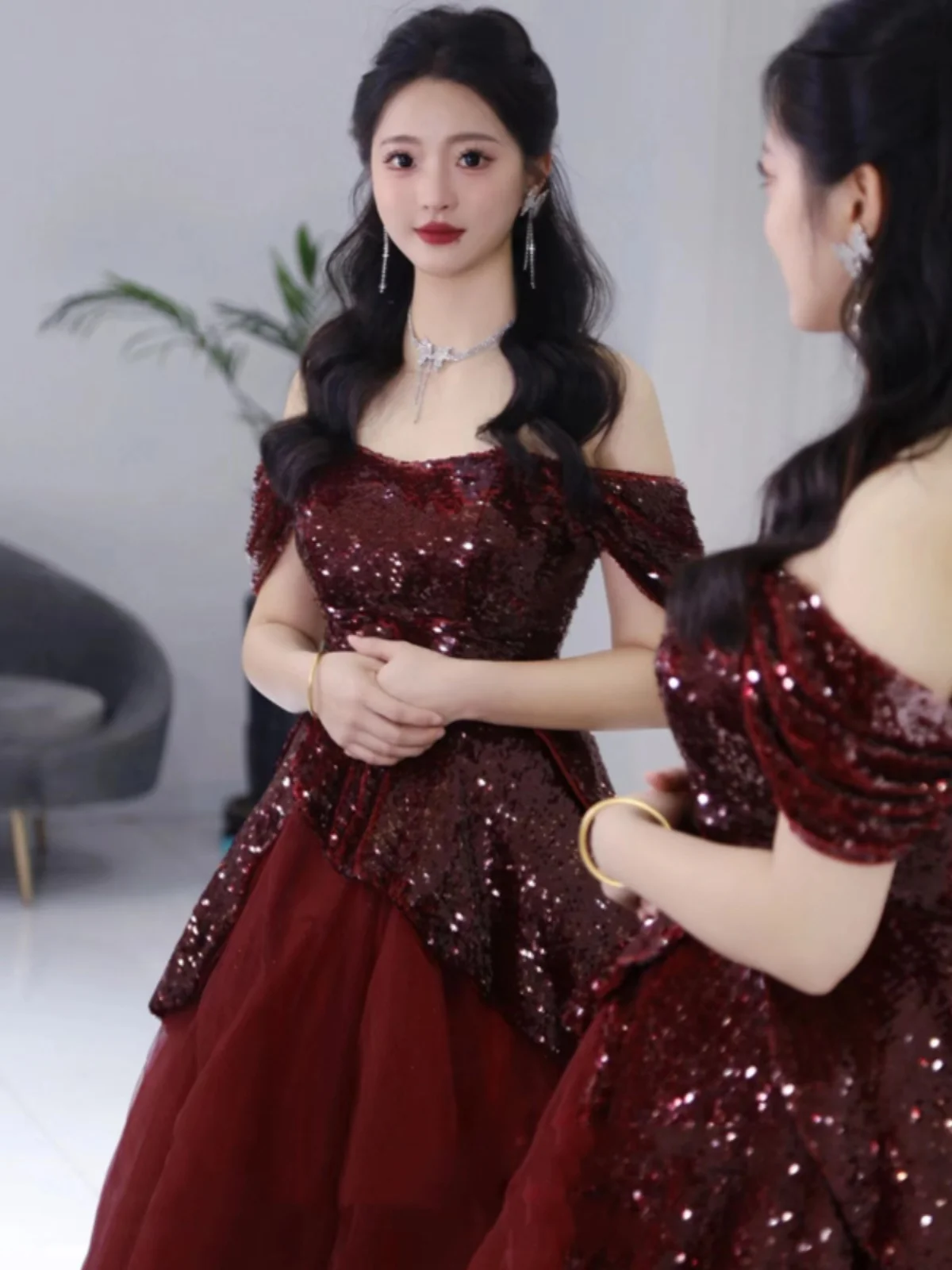 

Ele Red Sequin Bridesmaid Dr 2025 New Sle Strapl Princ Gown for Wedding Engagement Par Celebration