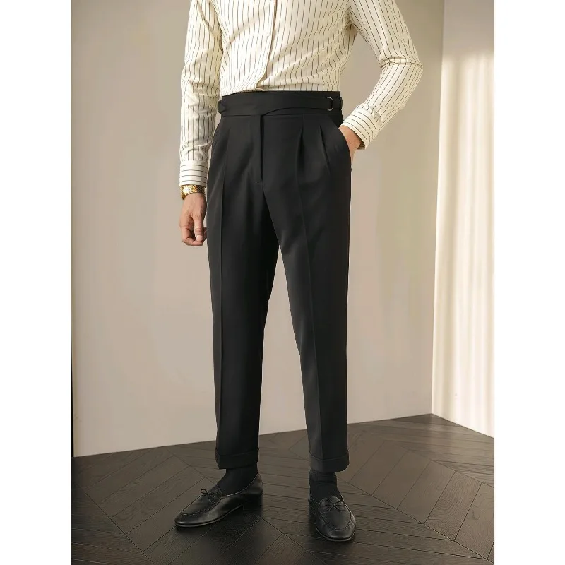 2026 Autumn New British Style Retro Business Casual Suit Pants Men's Elegant Naples Slim Fit High Waisted Straight Leg Trousers