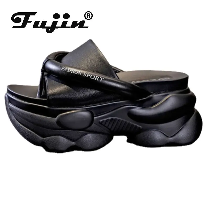 Fujin 9cm PU luksusowa elegancja lato etniczne kobiety na platformie Wedge na nowatorskie buty moda na naturalność sandały damskie kapcie