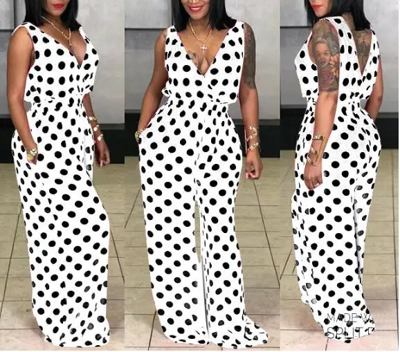 

Black White Polka Dot Sexy Party Jumpsuit Women Deep V Neck Sleeveless Wide Leg Romper Eelgant Backless One Piece Overall