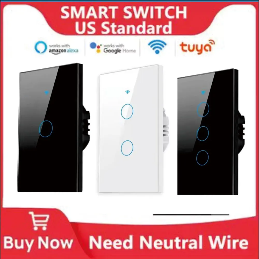 Tuya Smart Switches US Neutral Wire/No Neutral Wire Required 1/2/3/4 Gang Light WiFi Touch Switch Work with Alexa Google Home