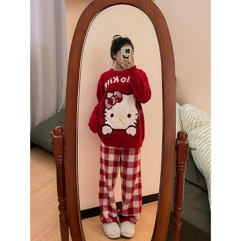 Cute Miniso Hello Kittys Pajamas Beautiful Female Winter Coral Velvet Home Keep Warm Suit Comfortable Soft Girl Birthday Gifts