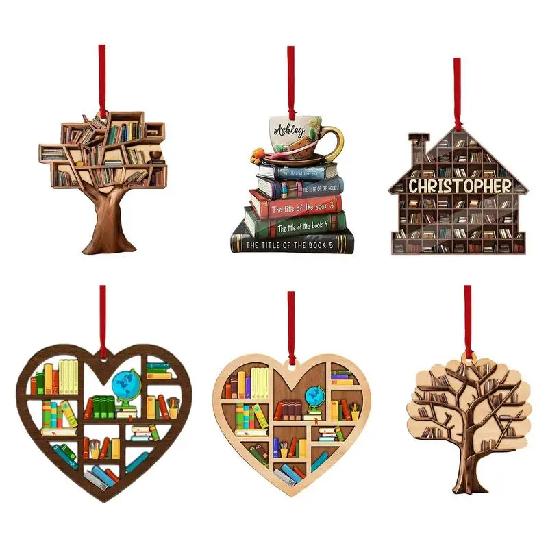 

Wood Bookshelf Shape Pendant Christmas Tree Decorations 2023 2024 Car Interior Rear Mirror Christmas Decor Hanging Ornament 8cm