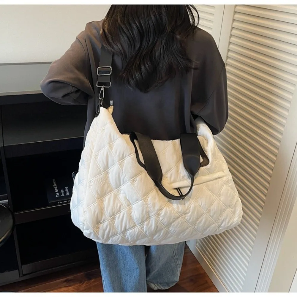 Casual Large Capacity Tote Bag Diamond Grid Pattern Waterproof Shoulder Bag Lightweight Canvas Handbags Women