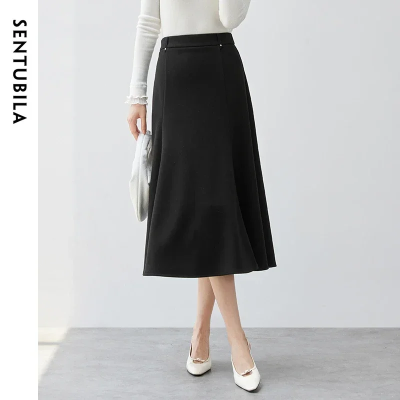 Sentubila senhora do escritório saia de malha feminina 2024 inverno simples elegante cintura alta trabalho negócios preto saia longa 144q56760