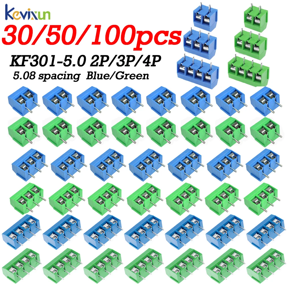 KF301 Series PCB Terminal Block Connector 5.0mm Pitch Straight Pin 2P 3P 4P Screw Terminal Block Blue Green for Electronics