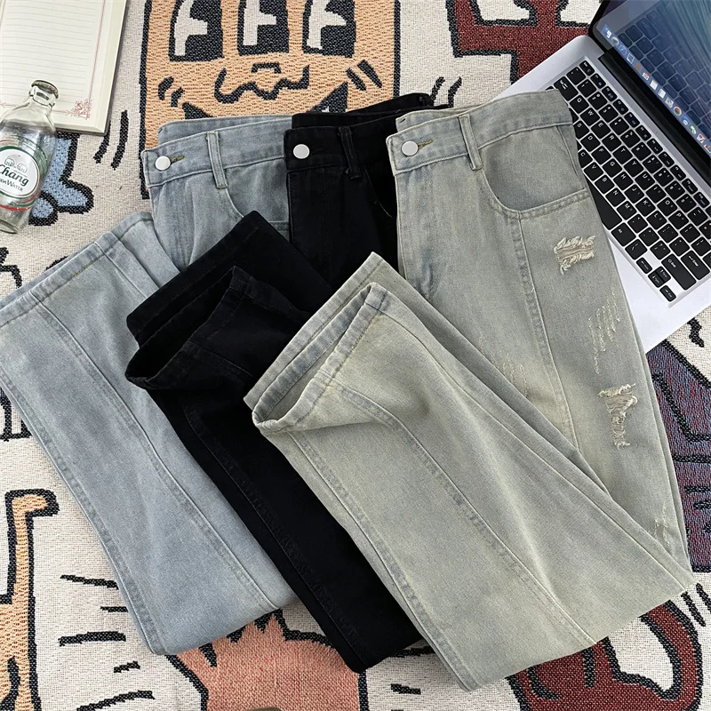 

Retro American Sle Distred Loose Fit Jeans for Men Casual High Street Wear Autumn Trendy Straight Leg Long Pants