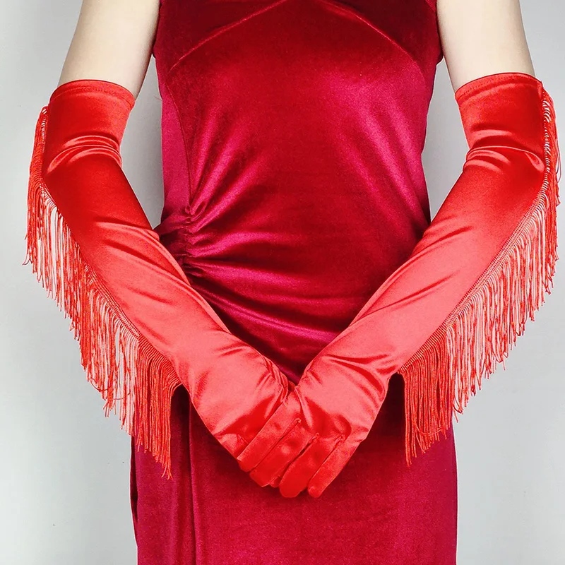 Women Halloween Dress Party Elastic Satin Tassels Full Finger Long Glove Christmas Prom Latin Dance Performance Mitten S223