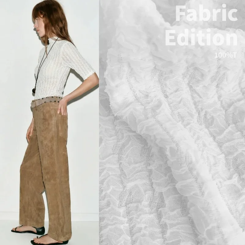 White Crinkled Mesh Fabric Premium Designer Comfortable Casual Style for DIY Base Layer T Shirt Skirt Top Sewing Accessories