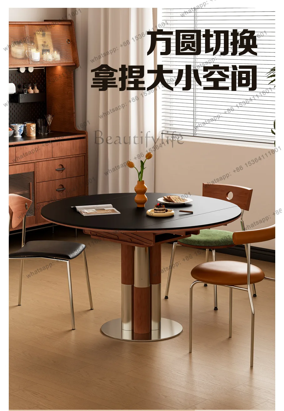 Medieval style solid wood dining table Medieval style retractable square and round dual-purpose rock slab round table