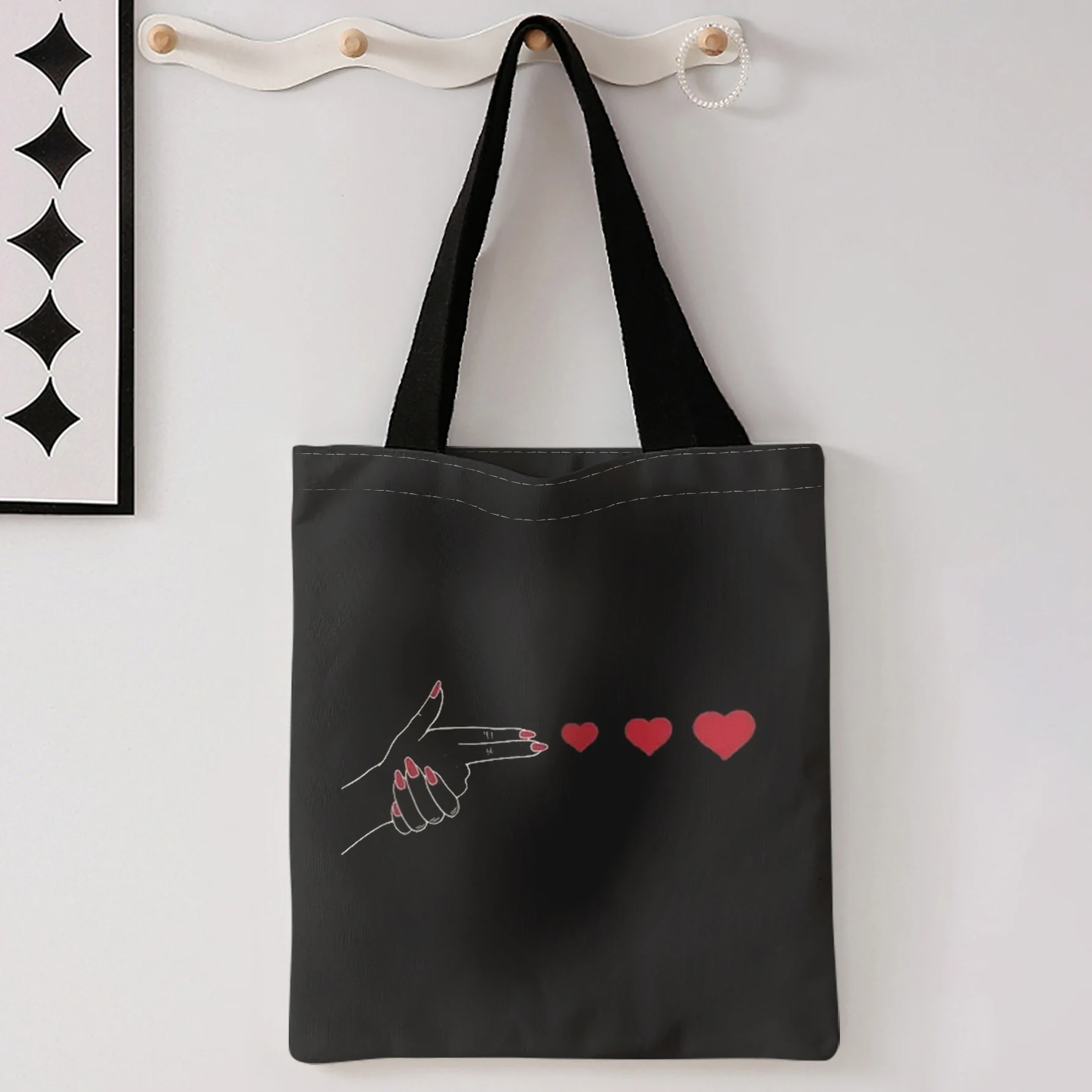 Hand Shooting Red Hearts Line Art Print Tote Bag Large Capacity Shoulder Bag For Shopping Travel Daily Use
