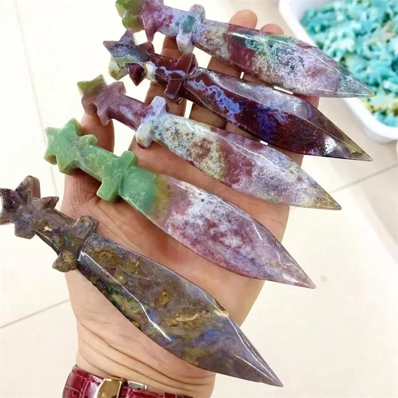 

13CM Natural Ocean Jasper Dagger Carving Crafts Healing Crystal Stone Home office Decoration Gifts 1pcs