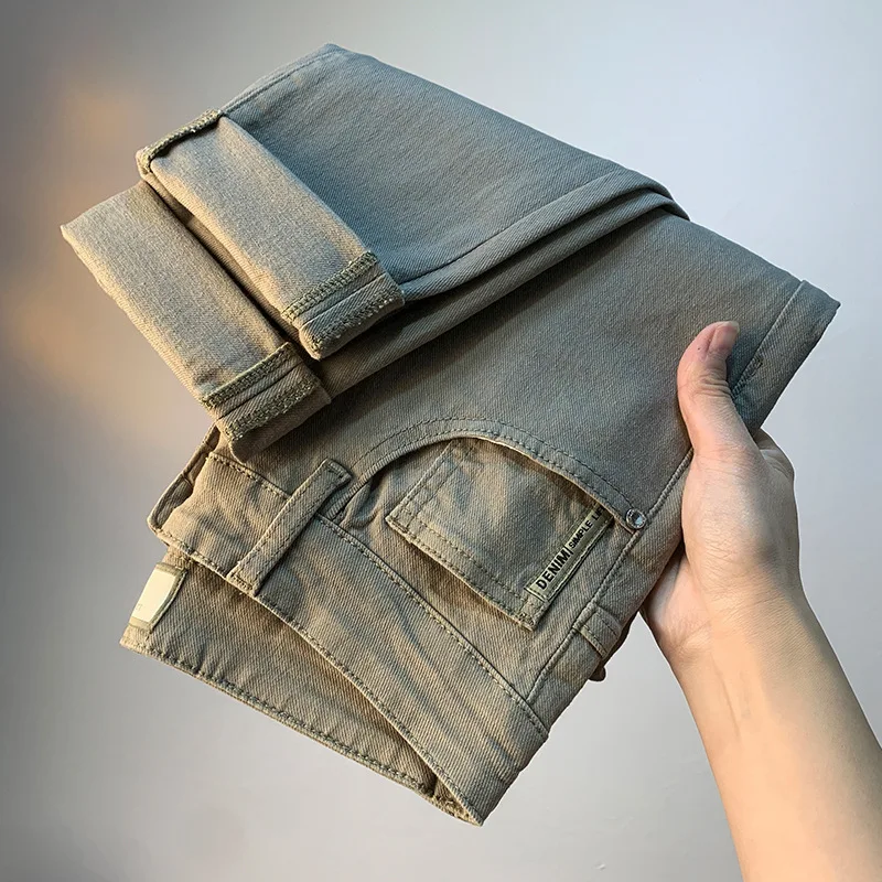 Light luxury men's jeans 2025 summer thin stretch tapered small straight leg casual versatile denim solid color pants