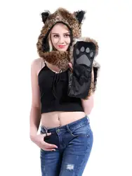 African Leopard ,Winter Novelty Faux Fur Hoods Animal Hat Scarf Gloves 3 in1 Fleece Hooded Plush Warm Earmuff Warcraft Cap