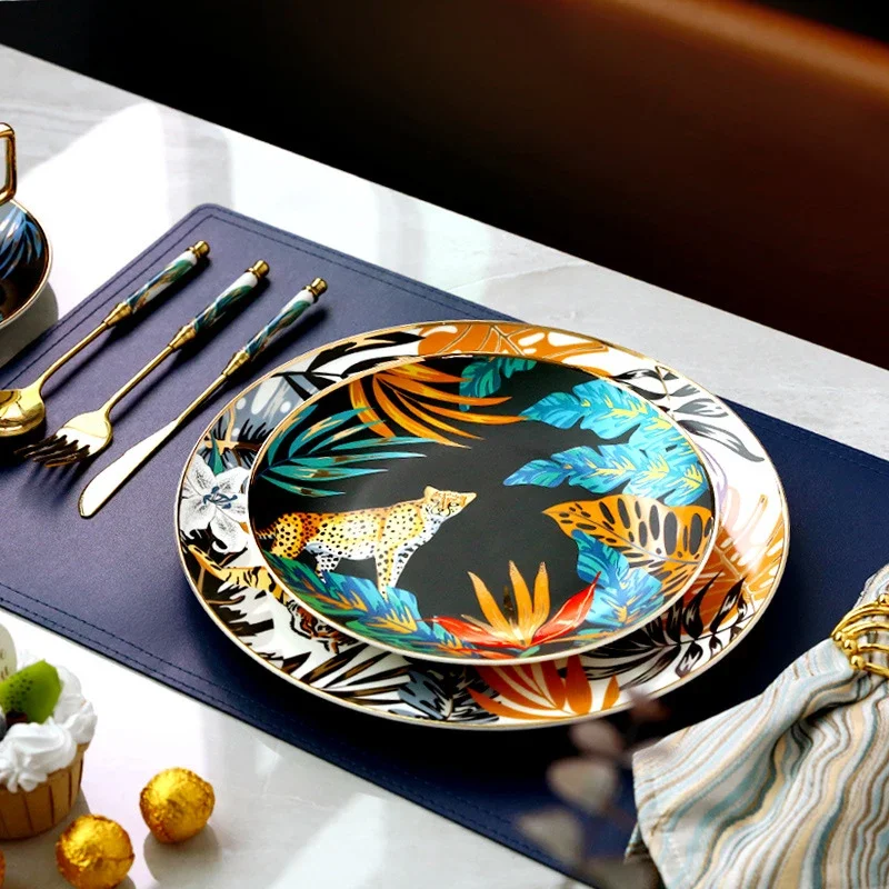 Dinnerware Set Colorful Forest Animal Design Plate Steak Tray Flat Ceramic Tableware 10inch Dish Christmas Gift Gold