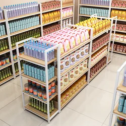 Scaffale per minimarket da pavimento a più livelli personalizzato espositore per generi alimentari a doppia faccia scaffale per gondola da supermercato in legno