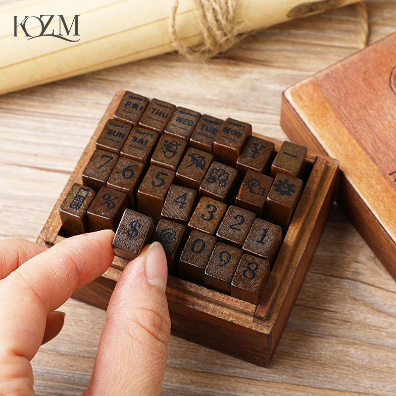 

28Pcs Alphabet Stamps Vintage Wooden Rubber Letter Standard Stamp Set For Craft Card Making Planner Scrapbooking Journals