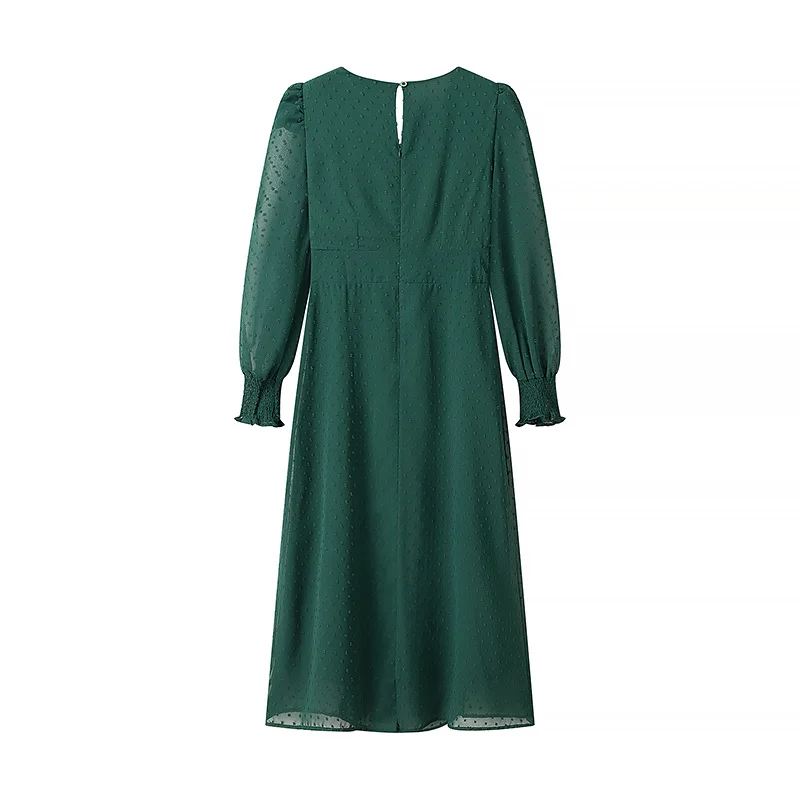 UETEEY Green Jacquard New Dress for Spring and Summer & Long-sleeved Ruffled Cuffs V-neck Bust Pleats+skirt Side Split Clothing