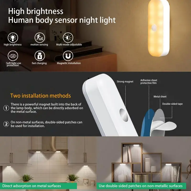 Motion Sensor Light Indoor Rechargeable Wall Night Light Fast Charging Adjustable Brightness Wall Adhesive Warm LED Nightlight