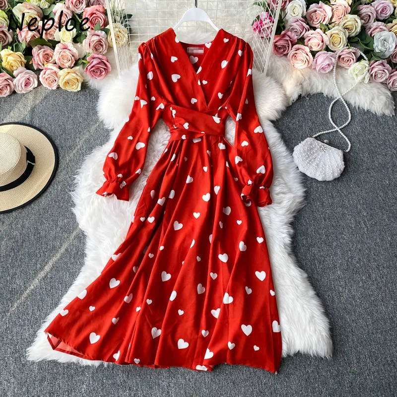 Neploe 2024 Autumn Fashion Slim Waist V-neck Dresses Panelled Print Big Swing Long Dress  Cross Lace Up Petal Sleeve Vestidos