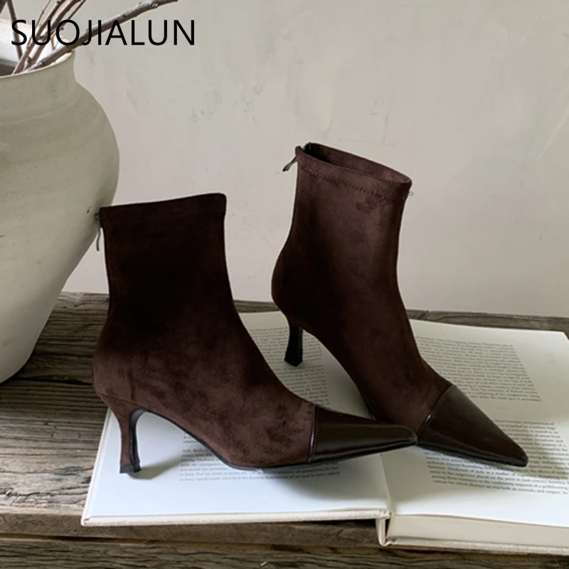 SUOJIALUN Winter New Brand Women Ankle Boots Fashion Pointed Toe Ladies Elegant Short Boots Shoes Thin High Heel Ladies Chelsea