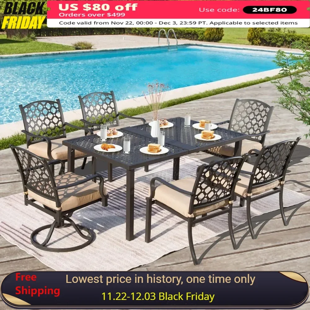 7 Pieces Patio Dining Sets All-Weather Metal Outdoor Modern with Table, Cushions-Beige, Sturdy and Durable, Outdoor Dining Sets