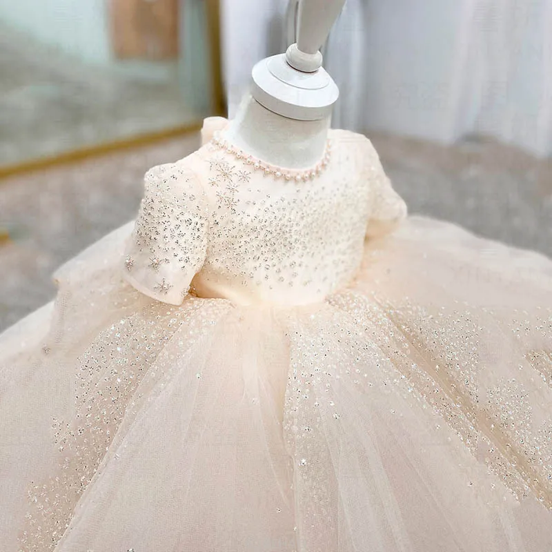 2025 Children Girl Beading Plain Bowknot Tulle Infant Kids Elegant Party Dress Frocks Ball Gowns Princess Dress for Young Girls