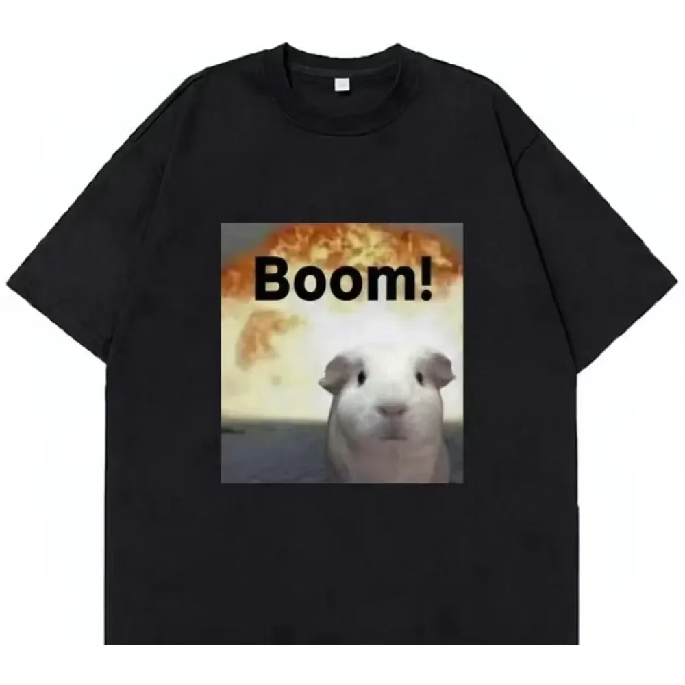 Funny Boom Graphic T Shirt, Explosion Background Cute White Cavy Print Loose Unisex Short Sleeve Tee
