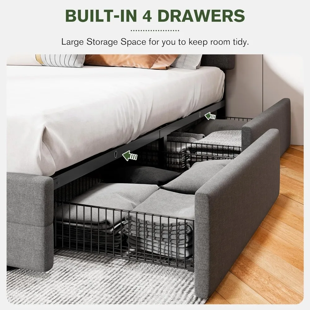 إطار سرير بحجم كينج مع 4 أدراج تخزين، سرير بمنصة منجدة مع لوح رأسي قابل للتعديل بخياطة مربعة، بدون صندوق S